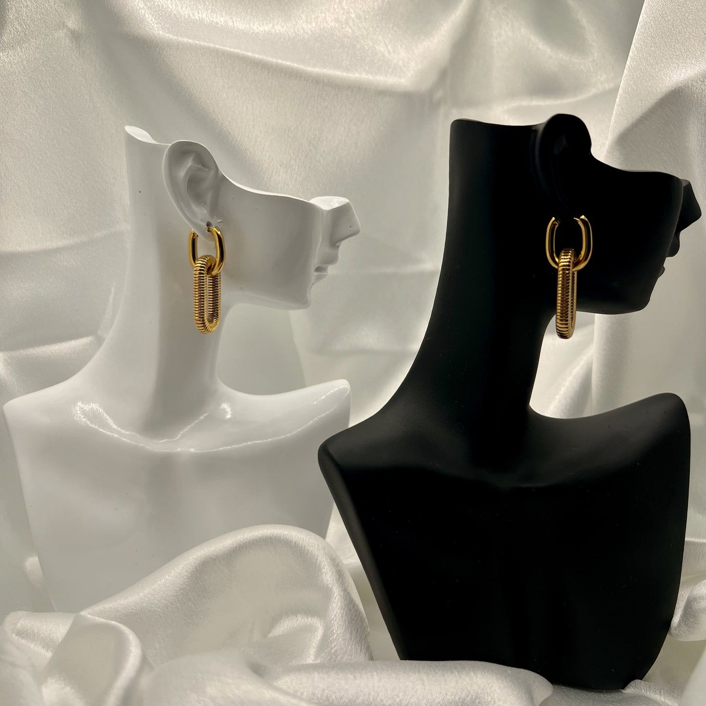 side view chunky gold link drop earrings modern statement jewelry